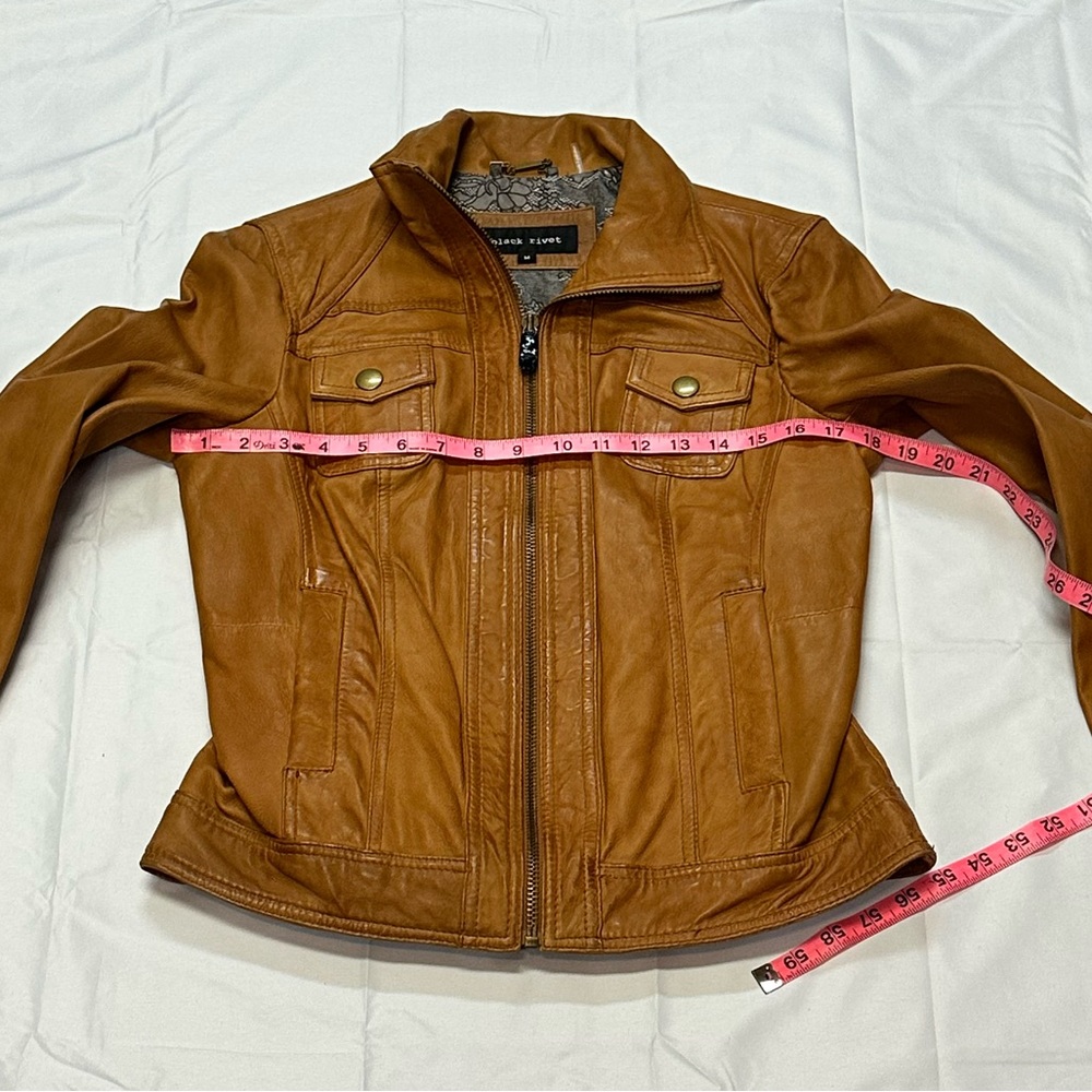 Black Rivet Cognac Tailored Leather Jacket | Pockets | Collar Ladies Size M NWT - Picture 8 of 15